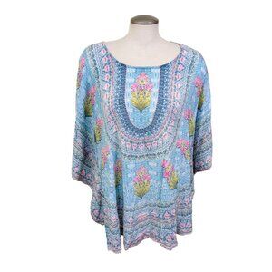 Tolani Collection Womens XLP Blue Floral Poncho Blouse Top Modal Relaxed Fit